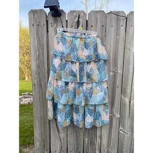 Beautees Girls Blue Patchwork Floral Tiered Ruffle Midi Skirt Size M 10/12